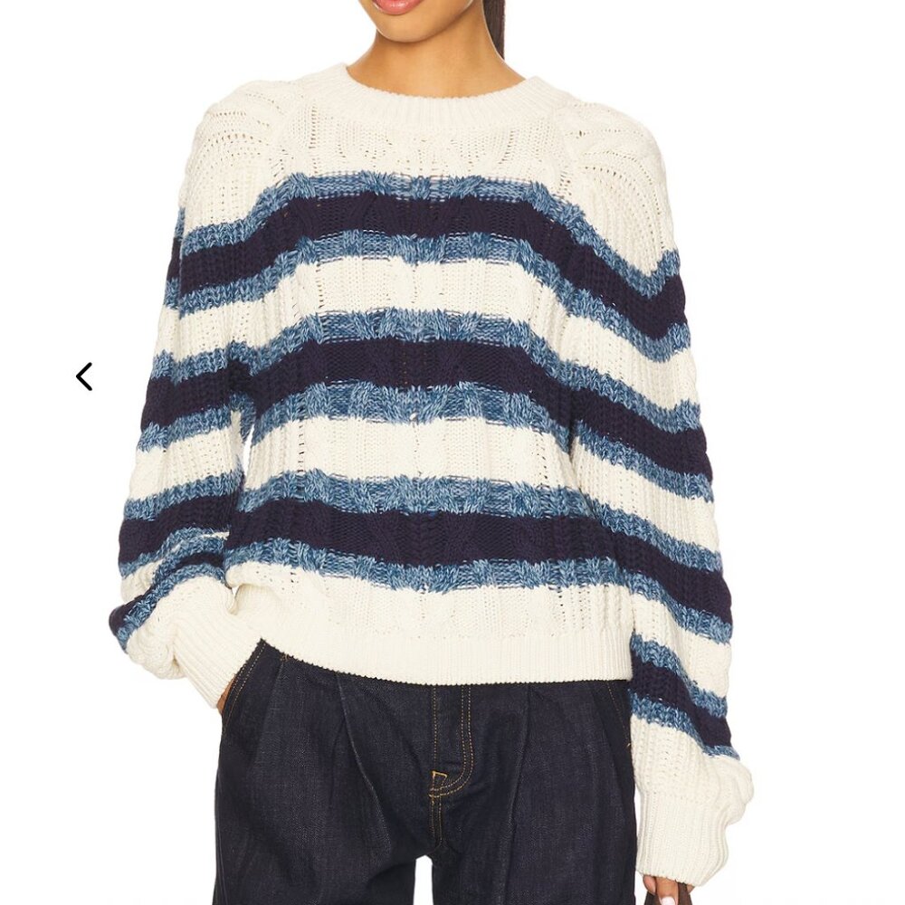 Free People Frankie Cable Striped Pullover Sweater Ivory Navy Blue XS NWT